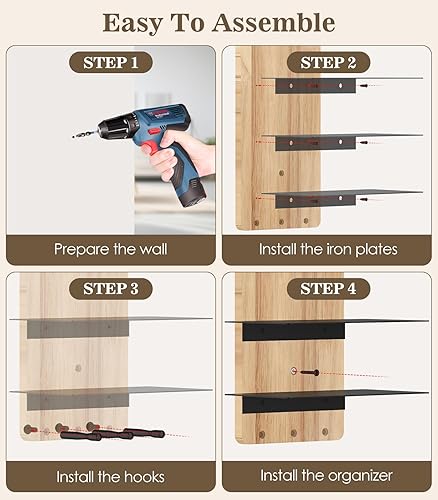 Miniatura 7 de MoKo Estante organizador de lentes de sol, 6 niveles de madera rústica para lentes de sol con 3 ganchos, almacenamiento de gafas de sol montado en