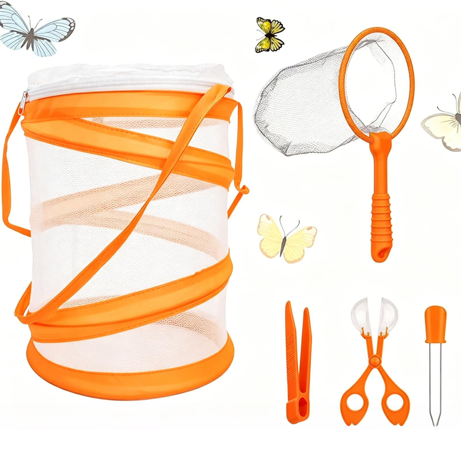 5 Pcs Orange Butterfly Kit, Bug Hunting Kits for Children, Stick Insect Starter Kit,Portable Insect Observation for Outdoor Education, Collapsible Green Butterfly Net for Nature Exploration