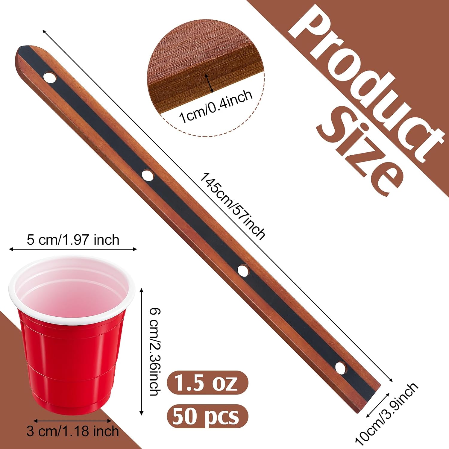 4 Person Ski Board 57'' x 3.9'' Vintage Wooden Board with 50 Plastic Glasses and 1 Marker Pen Rustic Retro Ski for Gathering Birthday Party Wedding(Brown)