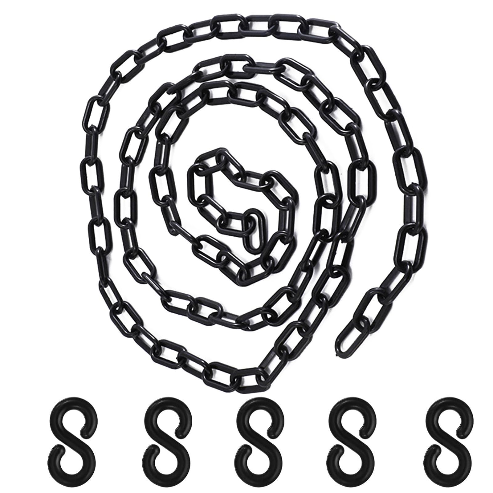 Cadena de plástico negro 1,5m 6mm con 5 ganchos S para control de multitudes