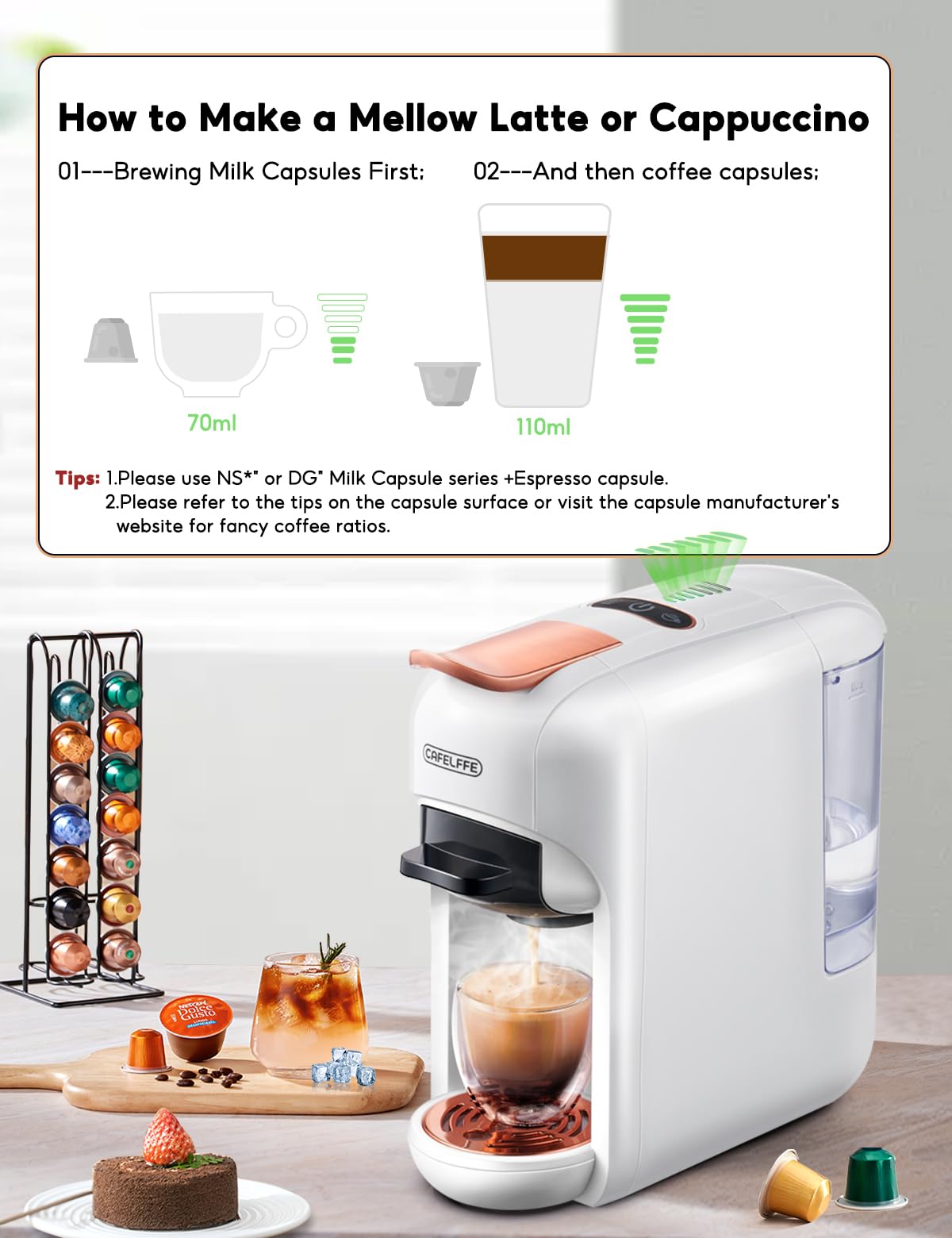 CAFELFFE Ekspres do kawy na kapsułki 5 w 1 MK606, parzenie na gorąco/zimno, 19 barów, do Nec* Original, DG*, Kcup, padów ESE i zmielonej kawy, model energooszczędny Erp2, zbiornik na wodę 0,6 l, biały