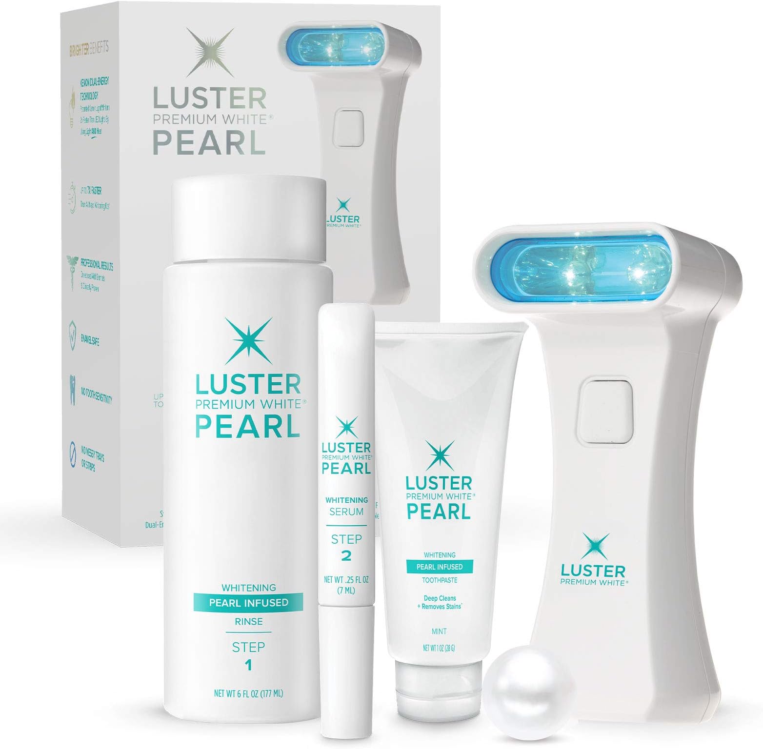 LUSTER PREMIUM WHITE Pearl Infused Pro Light Teeth Whitening System - Fast Whitening Kit with Light, Serum, Rinse, Toothpaste - 4Piece kit