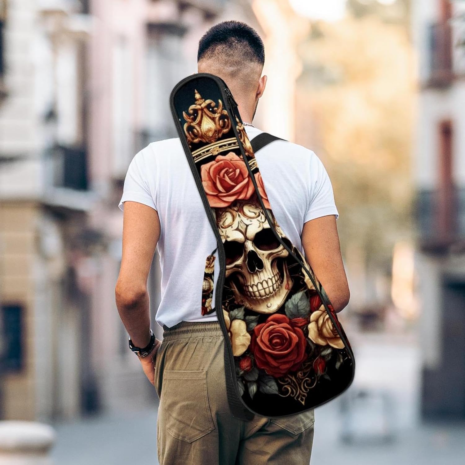 Ukulele Case Water Resistant Ukulele Backpack Retro Skull Crown Design Rose Flowers 10mm Padded for Soprano Concert