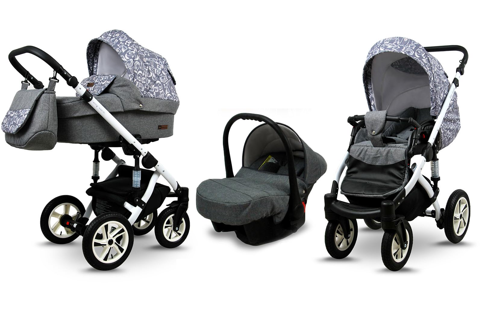 BabyLux Zestaw wózków dziecięcych 3 w 1 – Sky Lark – w zestawie wanienka dla niemowląt, fotelik sportowy, fotelik samochodowy – zestaw wózków dziecięcych z torbą do przewijania, osłoną