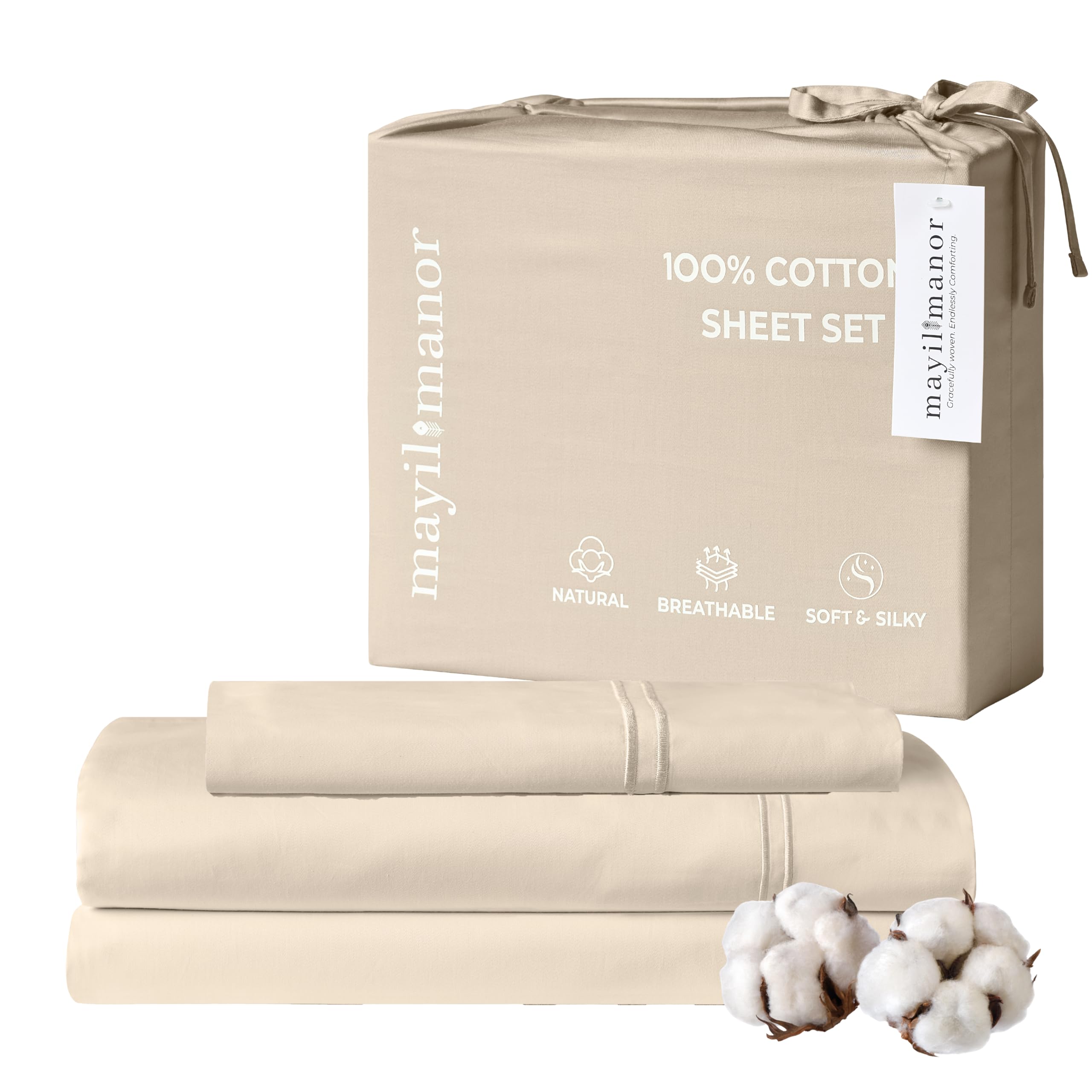 Photo 1 of Twin Sheet Set, 500 TC Single-Ply Cotton Sateen, 3-Piece, Cream Beige
