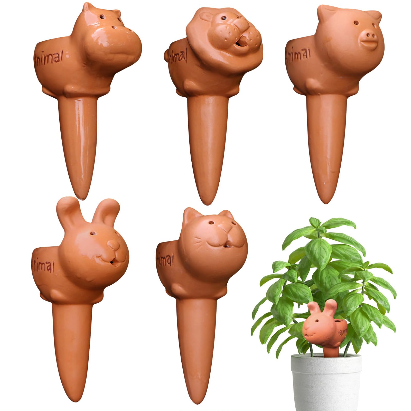 JEAMZHU Terracotta Watering Spikes for Plants 5-PCS - Cute Terracotta Self Watering Stakes Set, Lion Bunny Cat Pig Hippo Clay Plant Waterers for Indoor Outdoor Garden Vacation Care (Natural Clay)