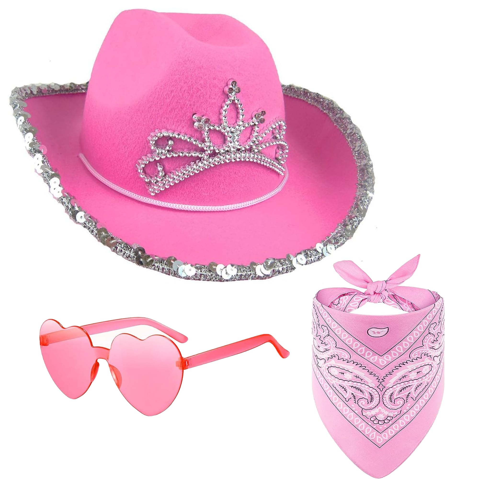 Carnavalife Sombrero Rosa Blanco Cowgirl Plumas Mujer y Niña, White Pink Cowboy Hat, Gorro Vaquero Rosa Sombrero Cowboy Cowgirl de Vaquero+PañueloAlgodón+Gafa Corazones