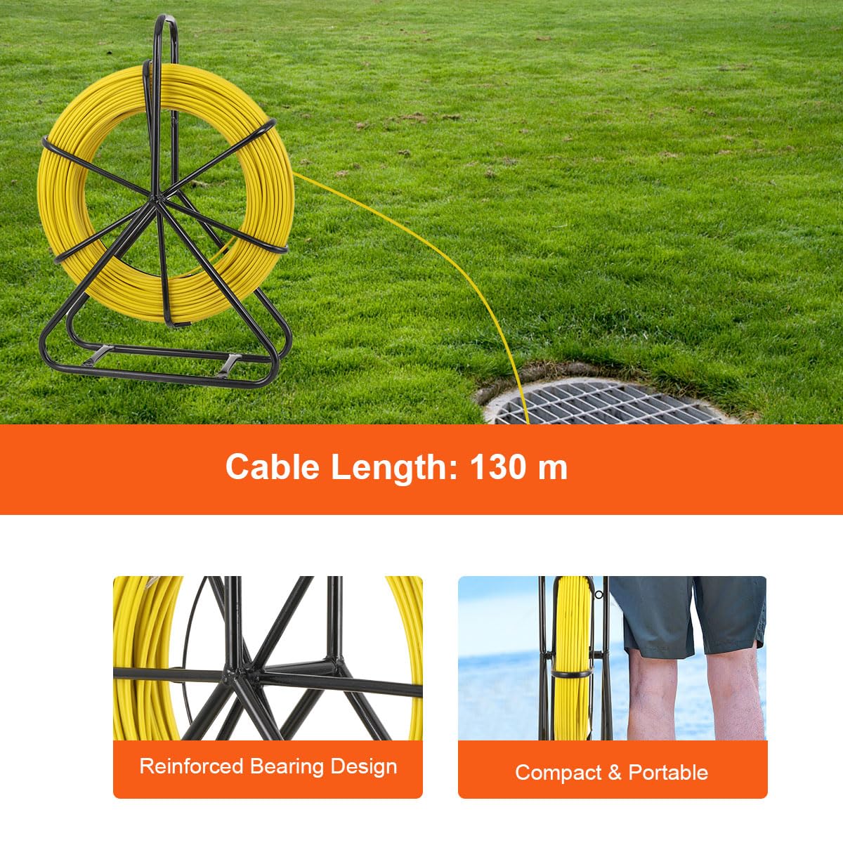 Sonda Passacavi in Fibra di Vetro 6mm x 130m Estrattore a Nastro per Cavo Elettrico con 3 Teste di Trazione e Supporto in Metallo Strumento di Installazione del Cavo Elettrico in Fiberglass