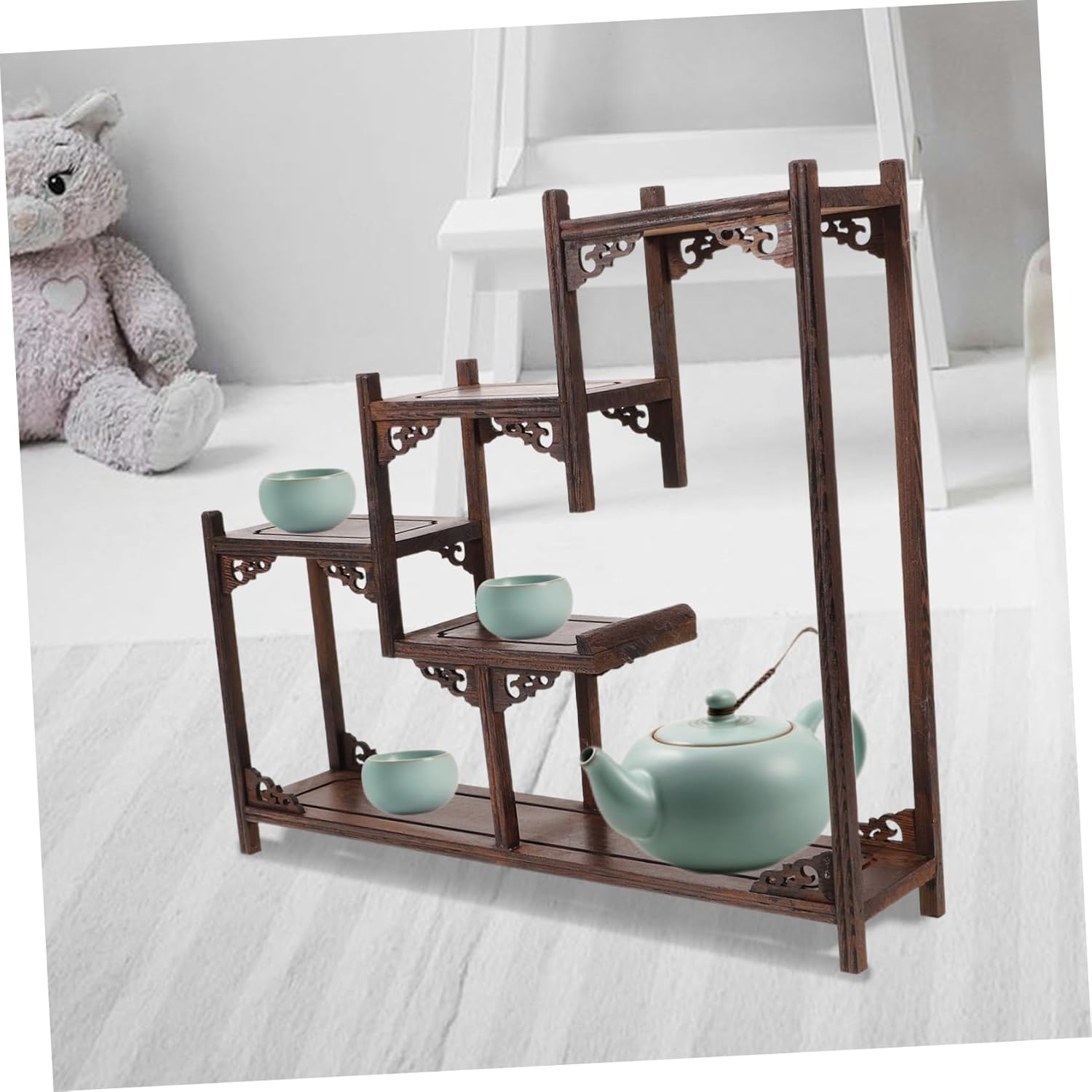 Chinese Style Multi Layer Wooden Display Stand for Curios and Crafts Desktop Ornament Showcase Elegant Antique Design for Home Study for Treasures