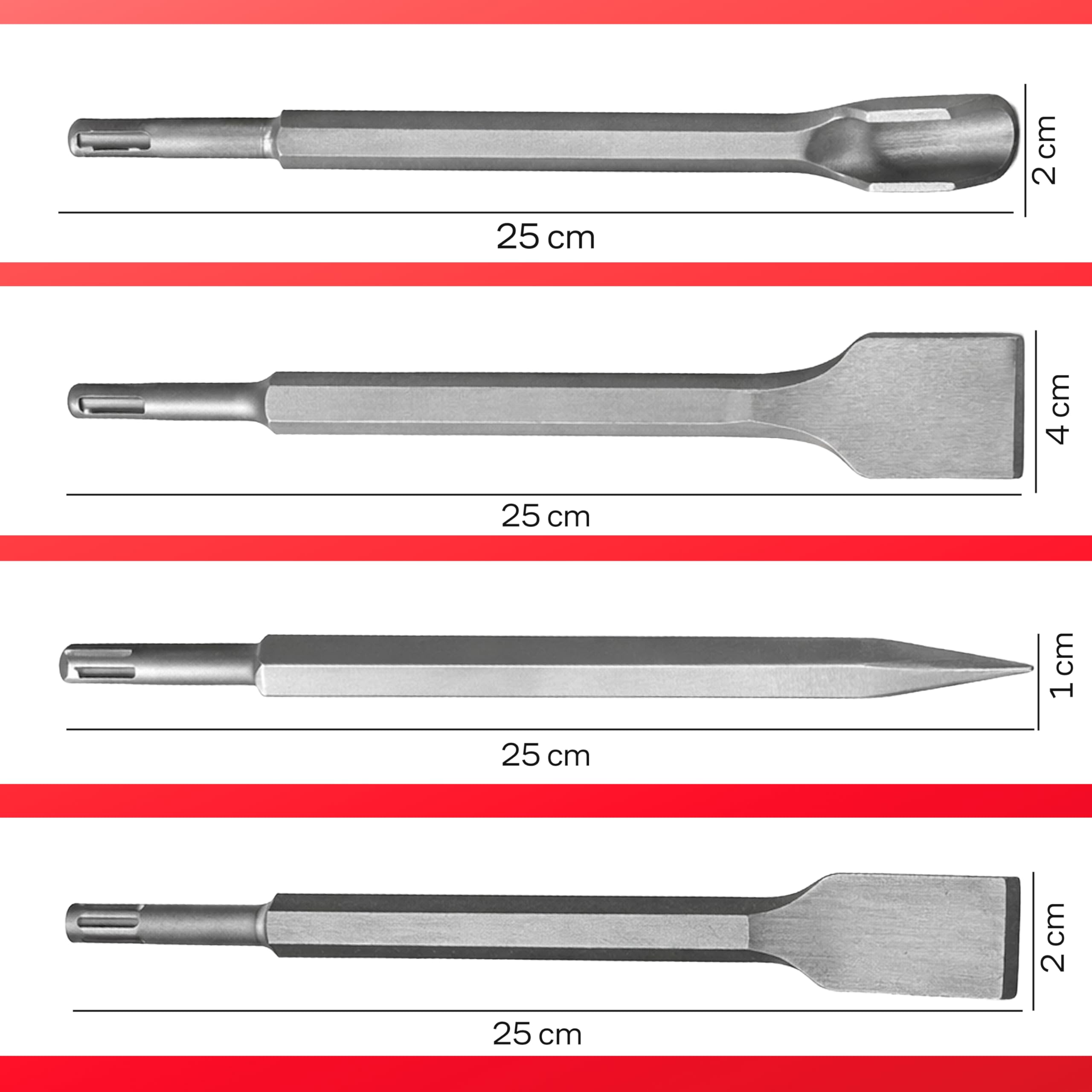 Retoo SDS Plus, set da 4 pezzi, 250 mm, scalpello per piastrelle, a punta, a punta, per calcestruzzo, mattoni, colla, asfalto, accessori per impatto