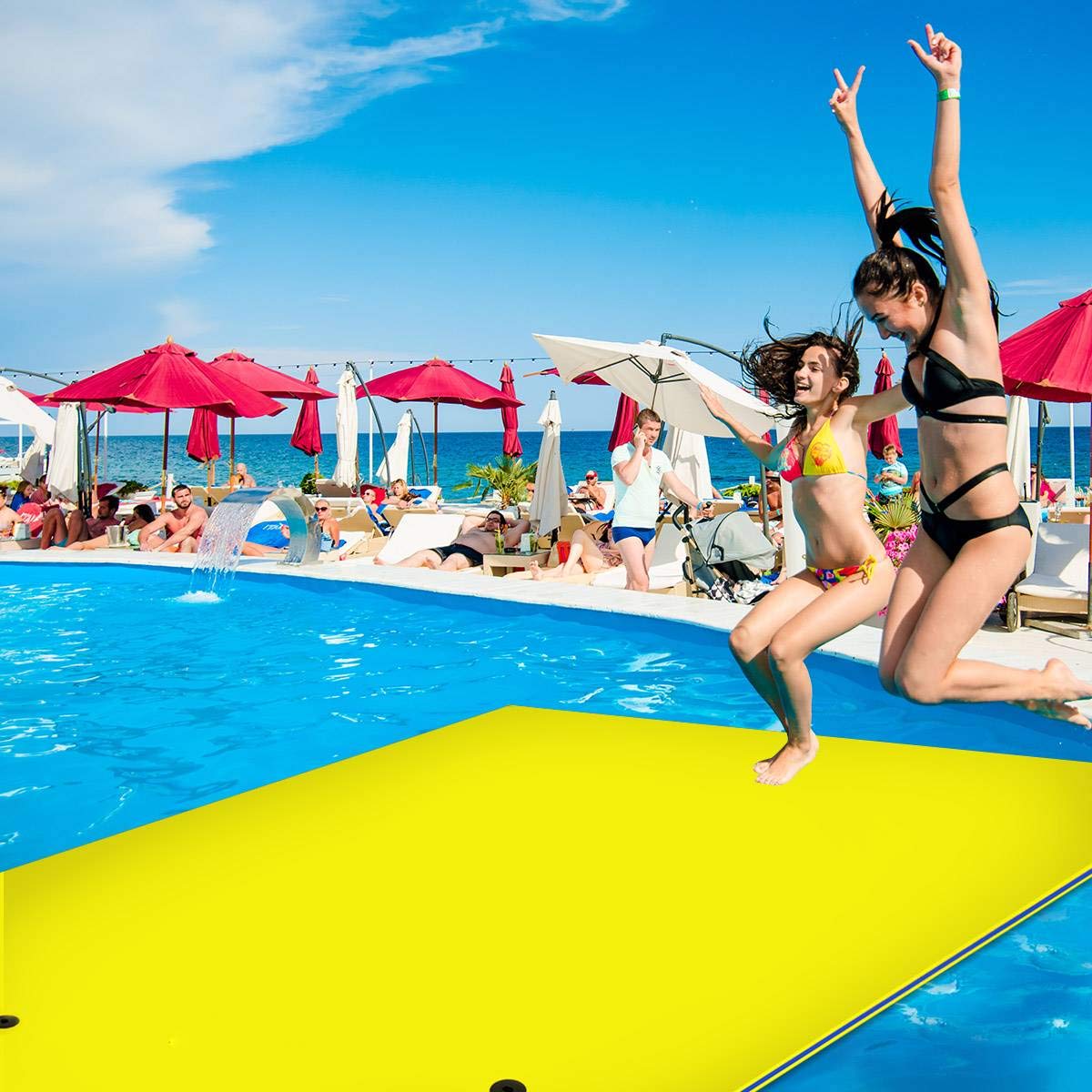 Buy GYMAX Floating Water Pad, 9'/18' x 6' Water Foam Mat with Rolling Pillow, 3Layer Floating