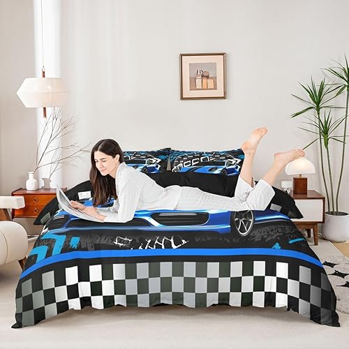 Vista 157 de Juego de ropa de cama de coche de carreras, avión, negro, gris, blanco, funda de edredón de coche deportivo de velocidad para niños, adolescentes