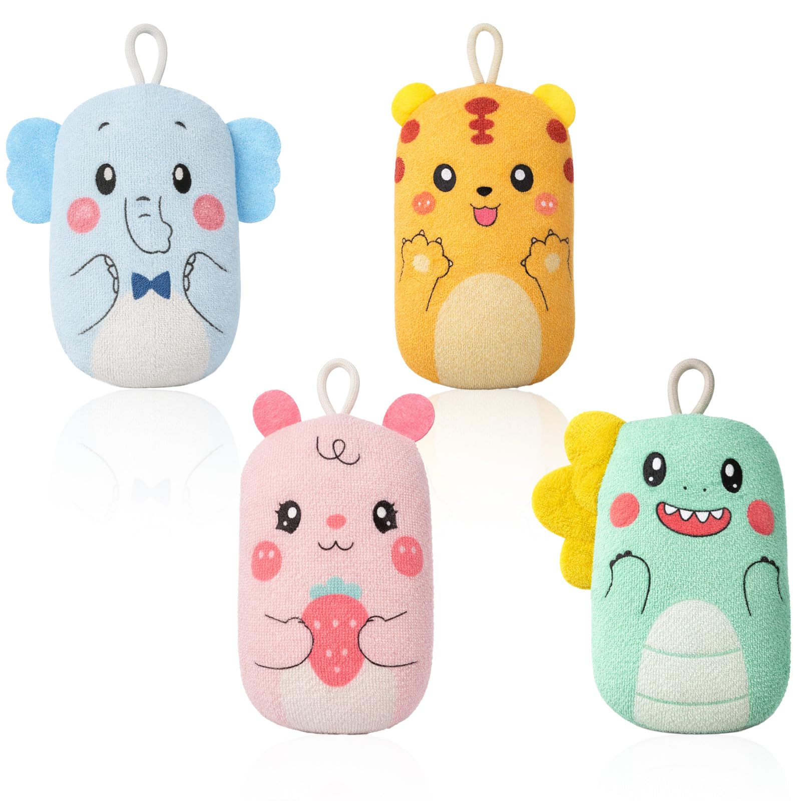 4 Pack Bath Sponge for Kids and Baby, Bath Loofah Sponge, Soft and Absorbent Exfoliating Body Scrubber Shower Cute Cartoon Mesh Sponges for Shower Washing Exfoliating Kids Baby