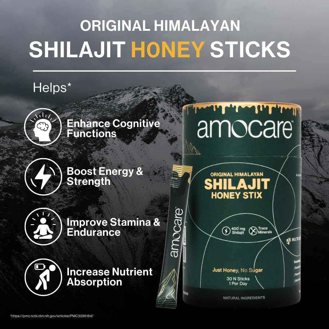 Amocare Original Himalayan Shilajit Honey Sticks with Saffron - 30 Count | 75%+ Fulvic Acid & 80+ Trace Minerals | Natural Immunity, Energy, Stamina Booster | Sugar-Free, Easy Single-Use Packets