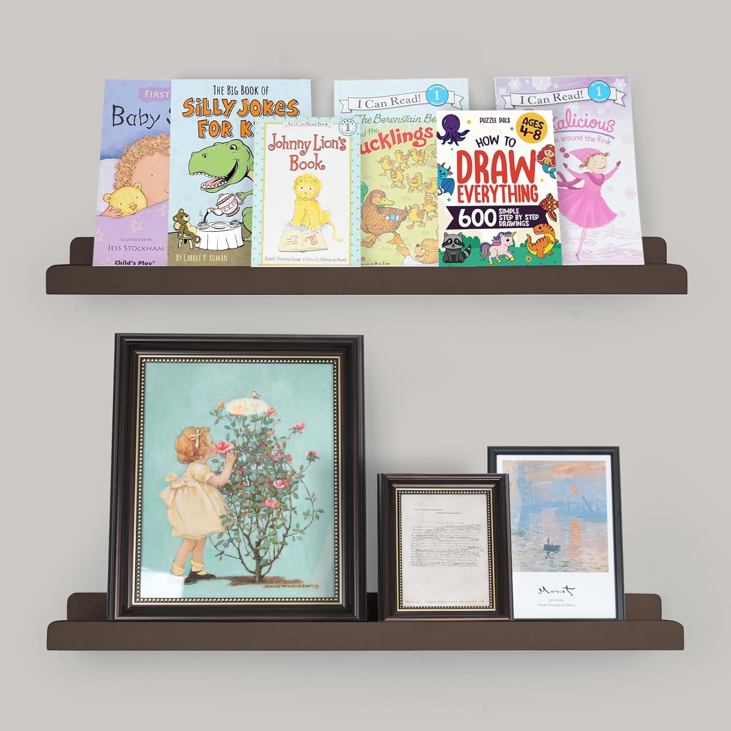 Picture Ledge Shelf with Lip, Brown Floating Shelves for Wall Set of 2, 24 inch Wall Floating Shelves for Bedroom Living Room Bathroom Kitchen 24 inches Brown