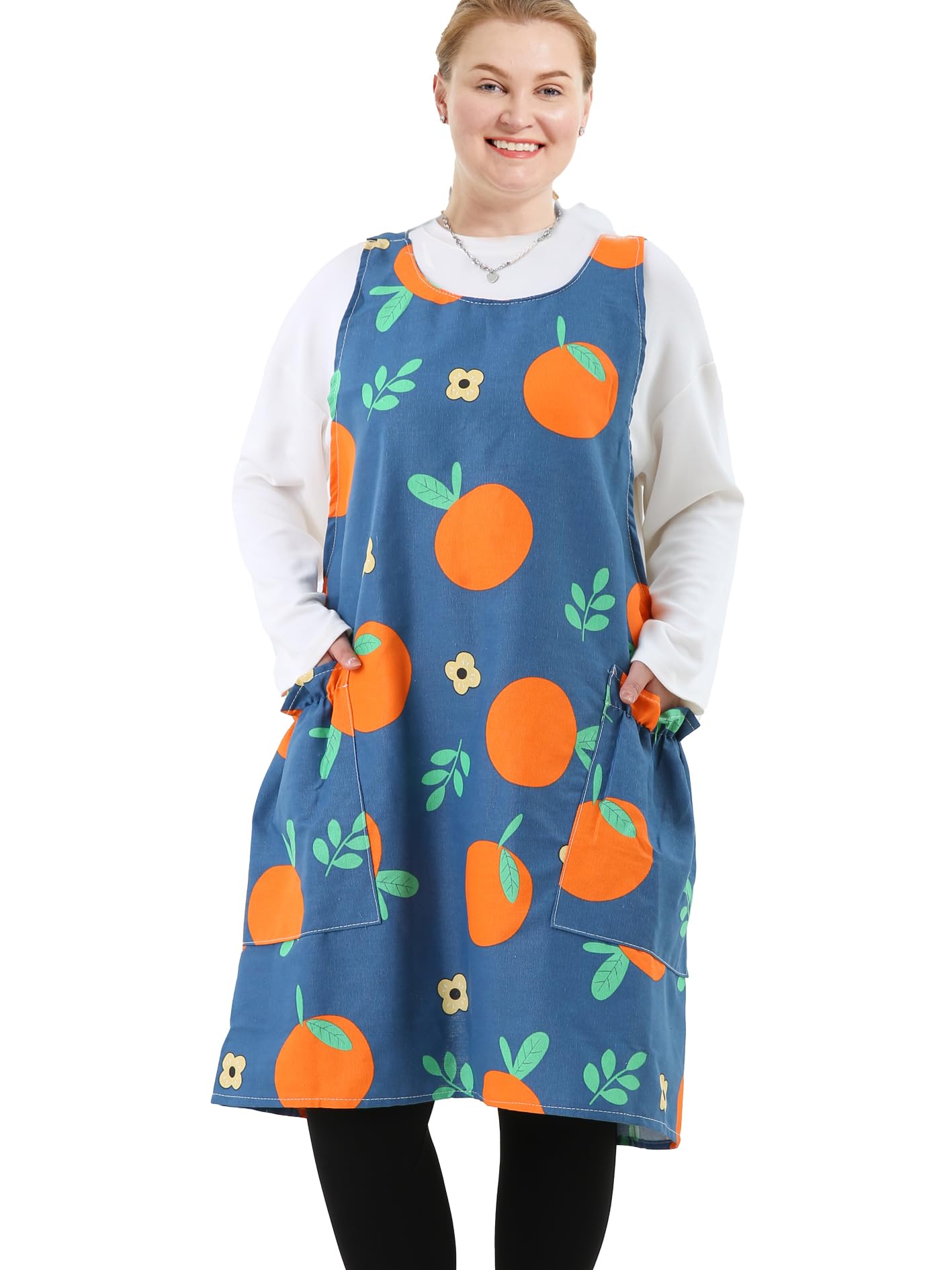 Apronner Women's Sweet Orange Big Plus Size Aprons For With Pockets Cotton Linen Baking Kitchen Cooking, More Size