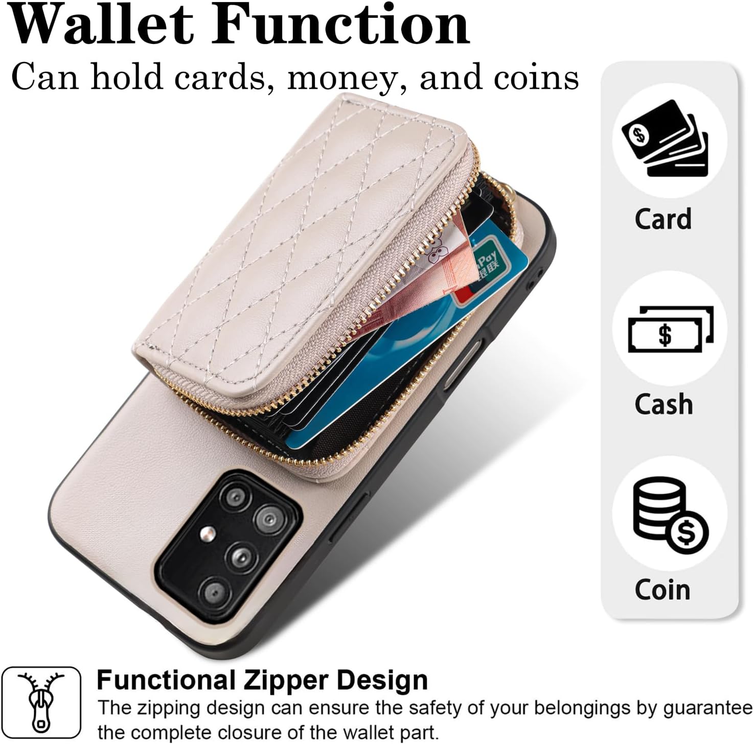 Argyle Wallet Cover for Samsung Galaxy A51 5G/A 51 5G UW Verizon & Screen Protector Shoulder Strap, Luxury PU Leather Zipper Organ Card Holder Stand Phone Case for 51A G5 S51 Women Girls Khaki
