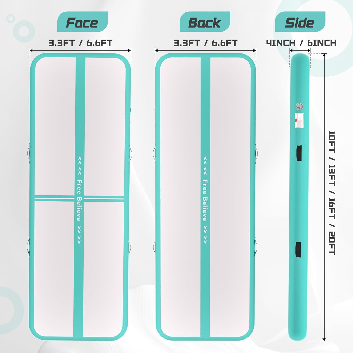 Inflatable Gymnastics Mat Air Tumble Track Mats 10/13/16/20ft Training Mats for Home Use Air Mat with Pump 4”/6” Thick for Cheerleading/Yoga/Parkour/Beach/Park/Water Green 10ft*3.3ft*4inches(3m*1m*0.1m)