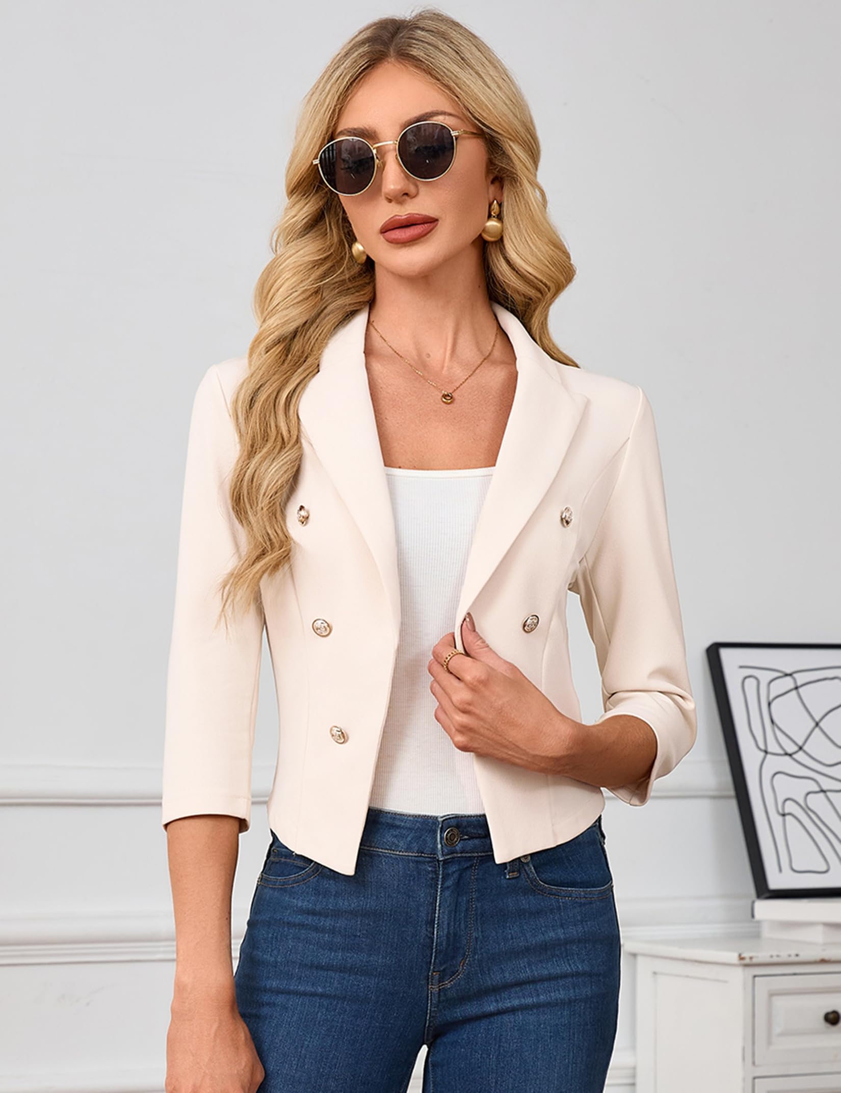 Damen Kurz Blazer 3/4 Ärmel Reverskragen Cardigan Business Bolero Open Front(Verpackung MEHRWEG)