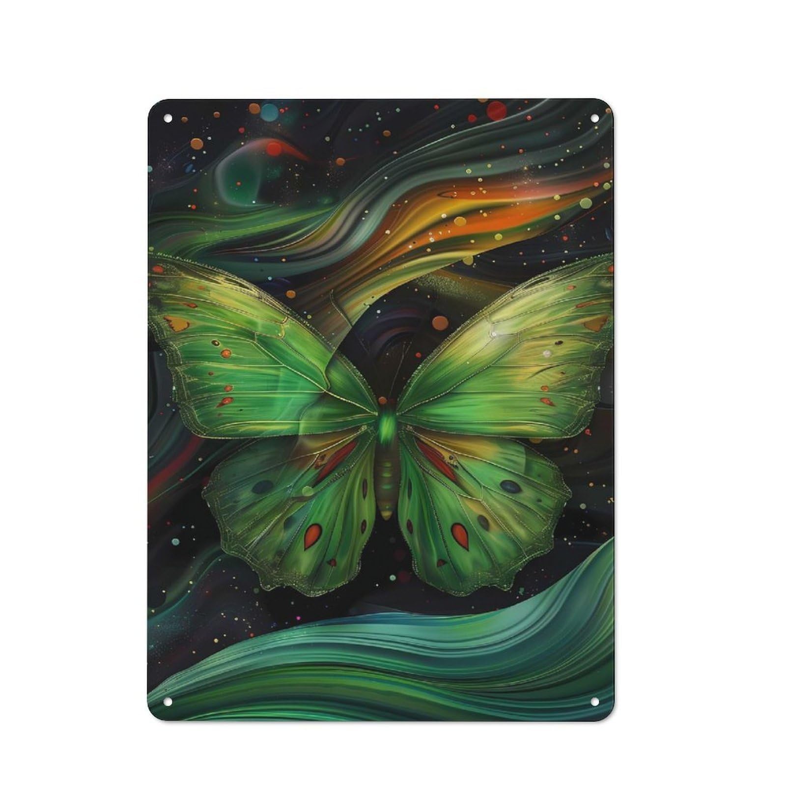 Junmoney Cosmic Green Butterfly Tin Wall Plaque 40X30cm, Rustic Farmhouse Wall Decor For Dining Room, Cafe, Entryway Or Family Room