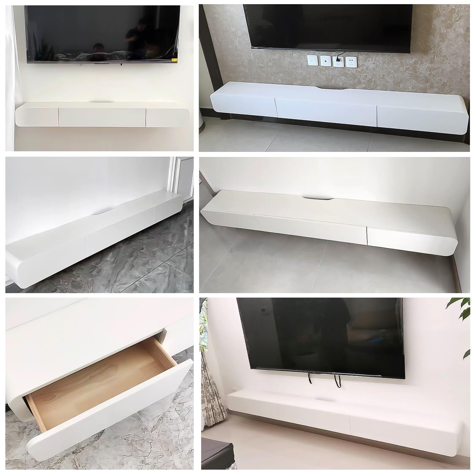 Schwebender schwarzer TV-Ständer mit Schubladen und Tür Wandhalterung Konsole Massivholz Weiß TV-Schrank mit Routerloch & hohler Rückseite Medienkonsole für Wohnzimmer TV Lagerregal