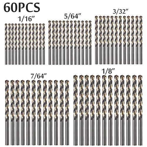 Miniatura 2 de 60 brocas helicoidales negras y doradas, 1/16 pulgadas, 5/64 pulgadas, 3/32 pulgadas, 7/64 pulgadas, 1/8 pulgadas [12 piezas para cada uno]