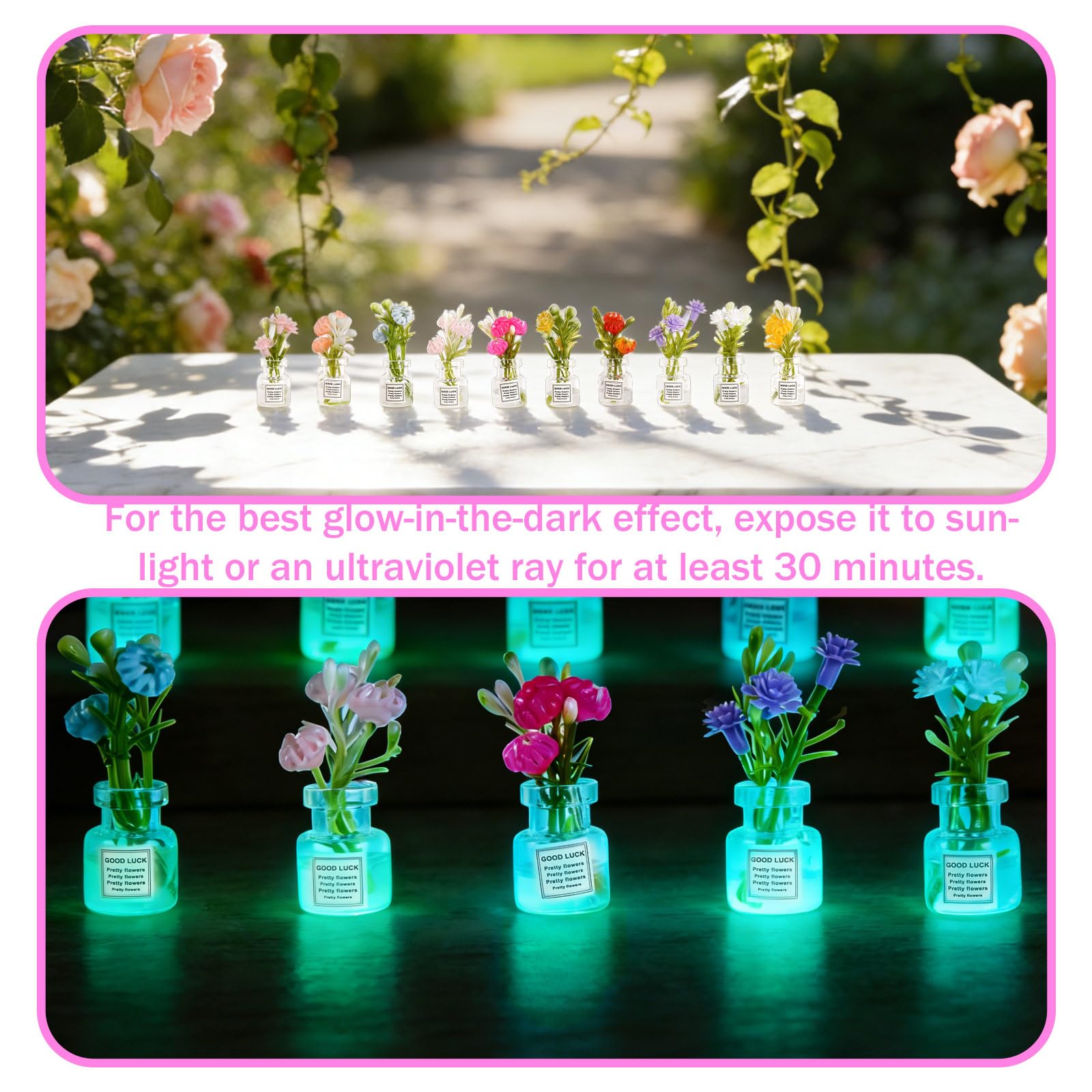 Lot de 10 petites fleurs miniatures pour maison de poupée - Petit vase en verre phosphorescent - Décoration de maison - Modèle de fleurs artificielles pour petites maisons, micro paysage, trains