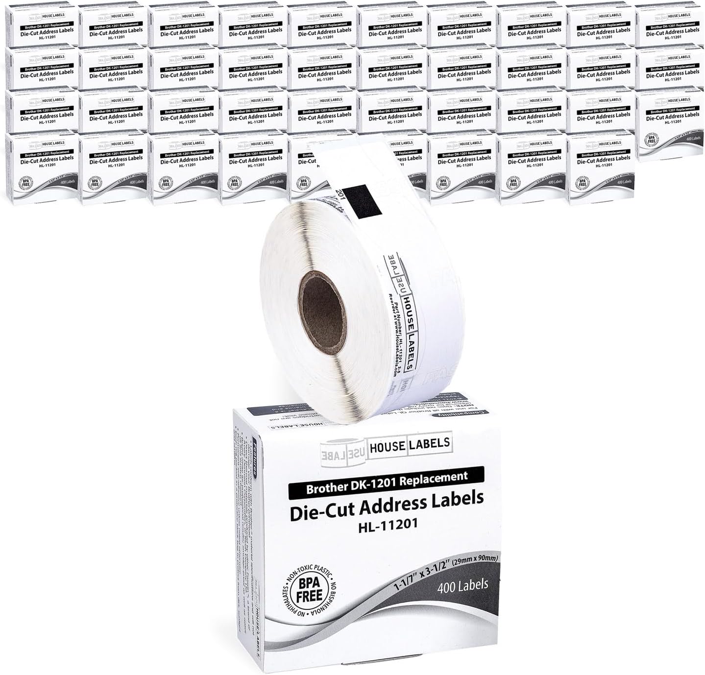 HOUSELABELS Compatible with DK-1201 Replacement Roll for Brother QL Label Printers; 400 Address Labels; 1-1/7" x 3-1/2" (29mm*90mm) - 40 Rolls