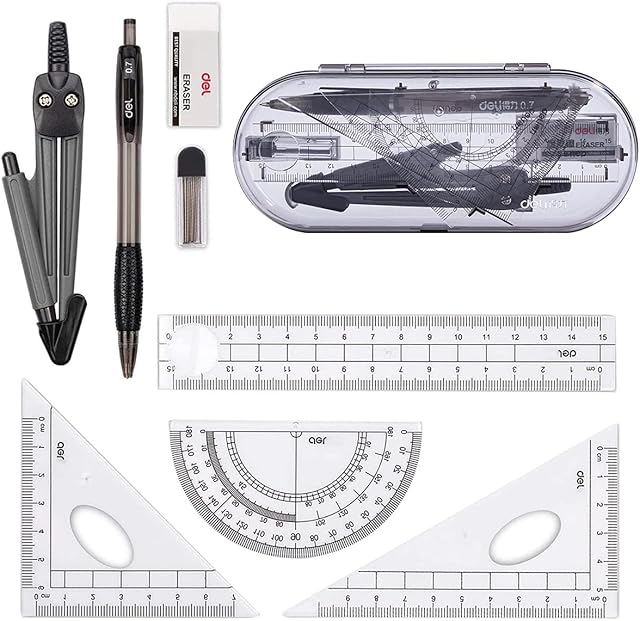 Glosoni Essential Tools For School,Geometry Compass Sets,EducationalSupplies,Maths Protractor Set, Ruler Set, Pencil, Eraser, Sharpener for School.(8-Piece SetBlack) (1)