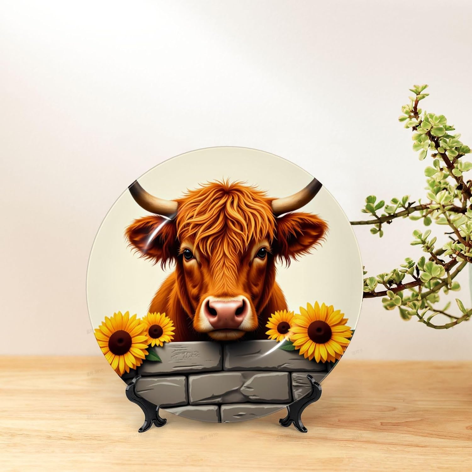 Bull And Sunflowers Style Ceramic Plate Display Decorative Plate With Stand Wall Hanging Plate For Home Decor 10 Inch