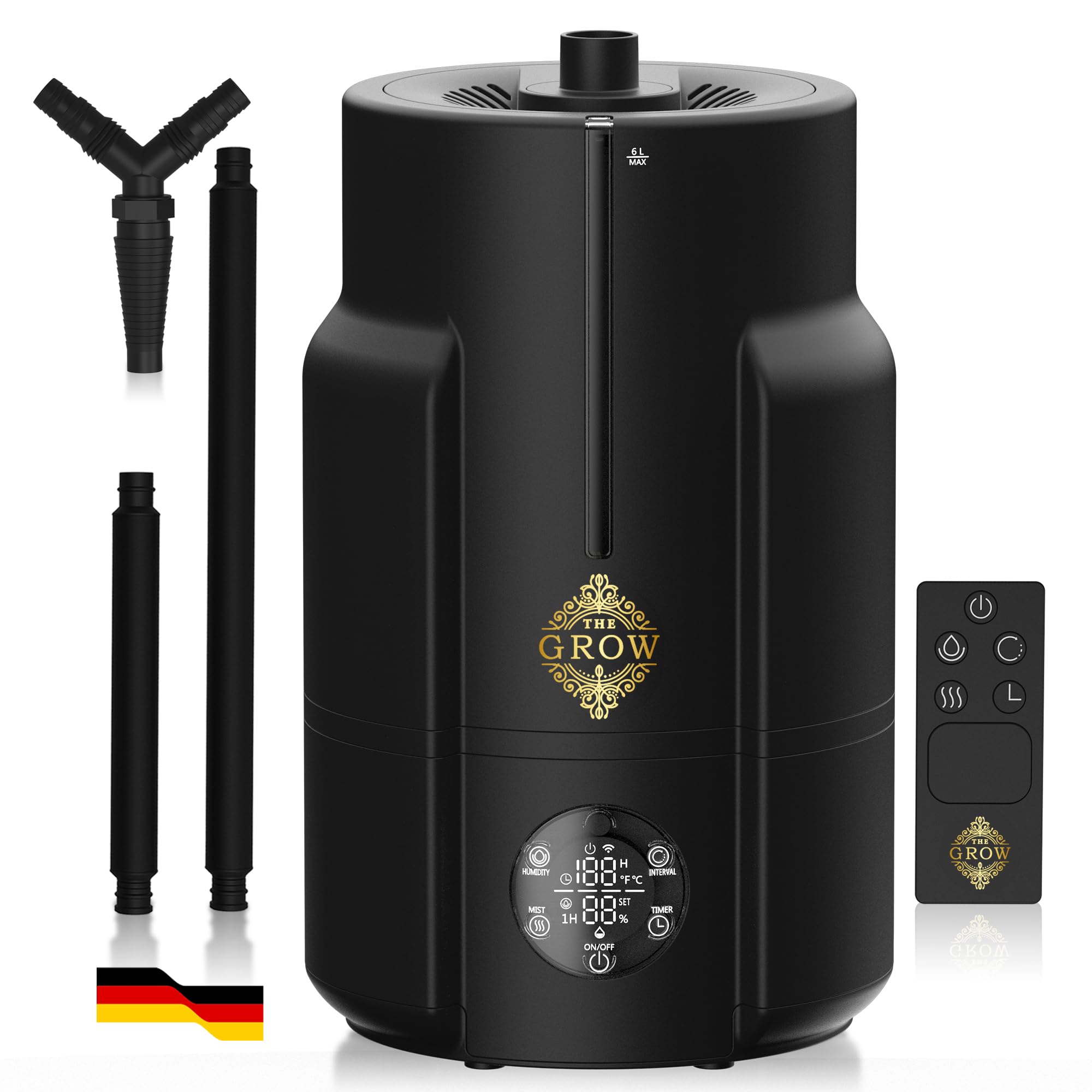Nebel PRO Luftbefeuchter 6L für Growzelt und Growbox, Ultraschall-Luftbefeuchter mit Hygrostat 35–95%, 4 Nebelstufen, bis 450 ml/h, externer Sensor, Timer, Fernbedienung, Schlauch