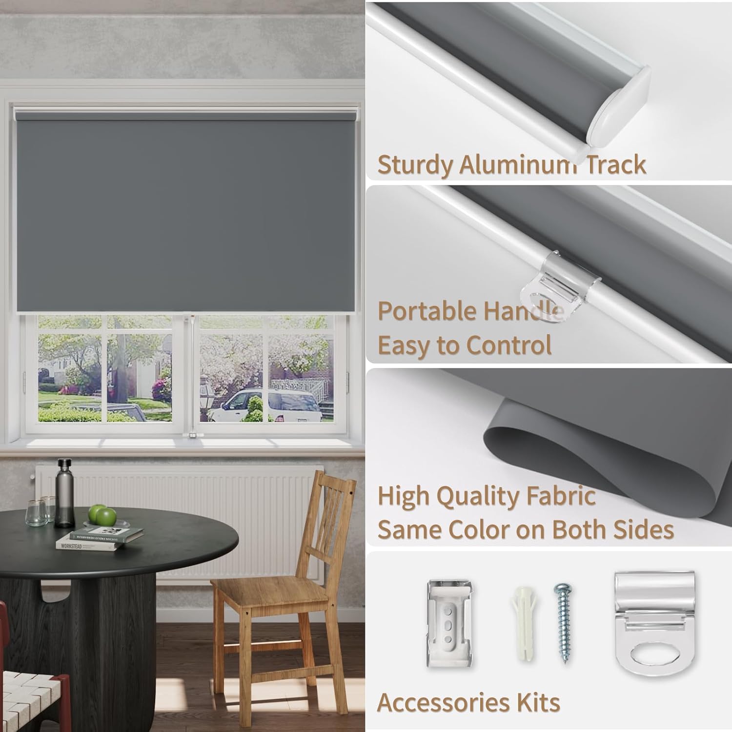 myshade blackout cordless roller shades, room darkening free-stop roll up blinds for windows, pull down blocking blind for home and office, easy to install, 47.5" w x 72" h, grey grey 47.5" x 72"