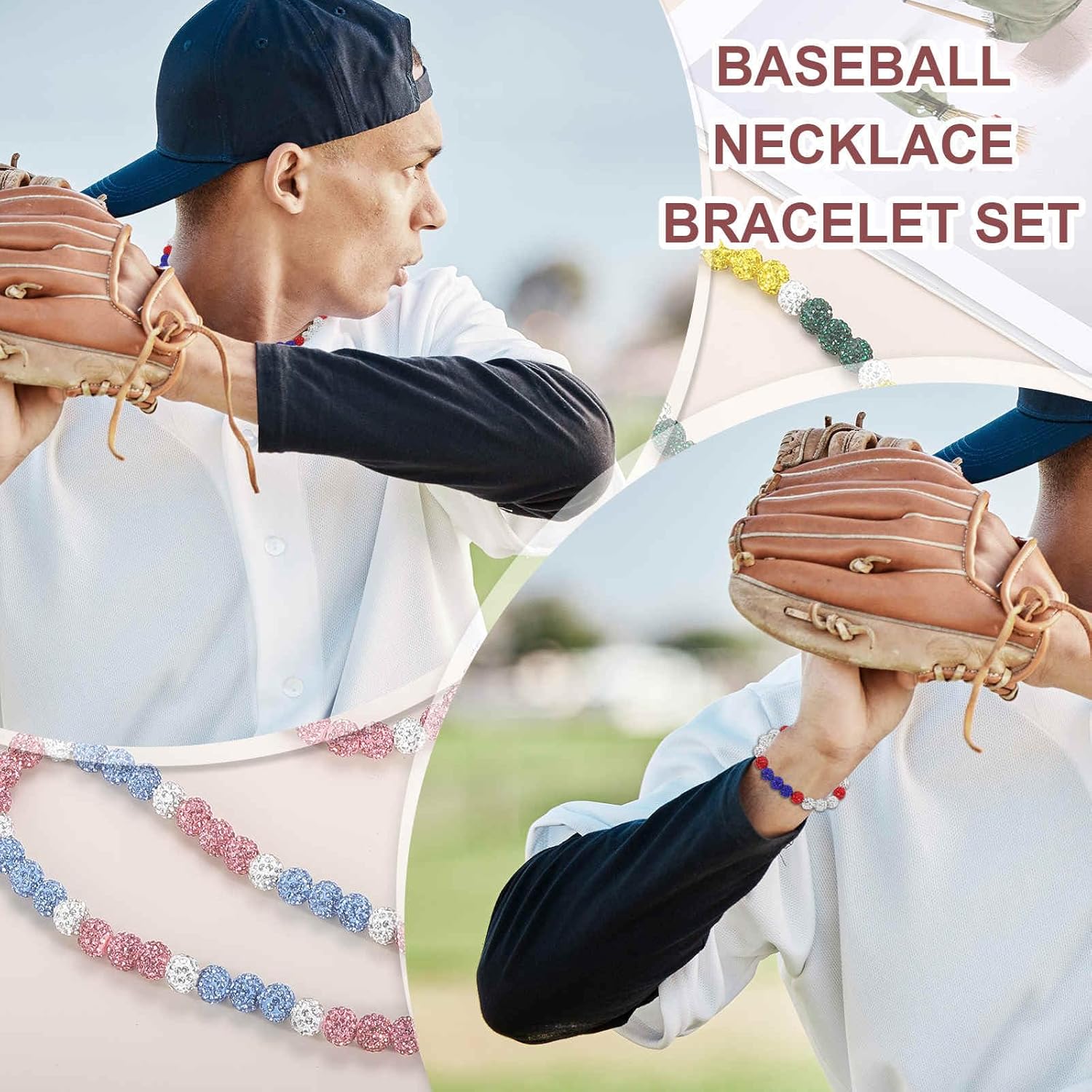 MECCANIXITY Baseball Necklace Bracelet Set, Baseball Necklace Bracelet Glitter Ice Collection Rhinestone Inspired Bead for Men Women Players Gifts - Image 4