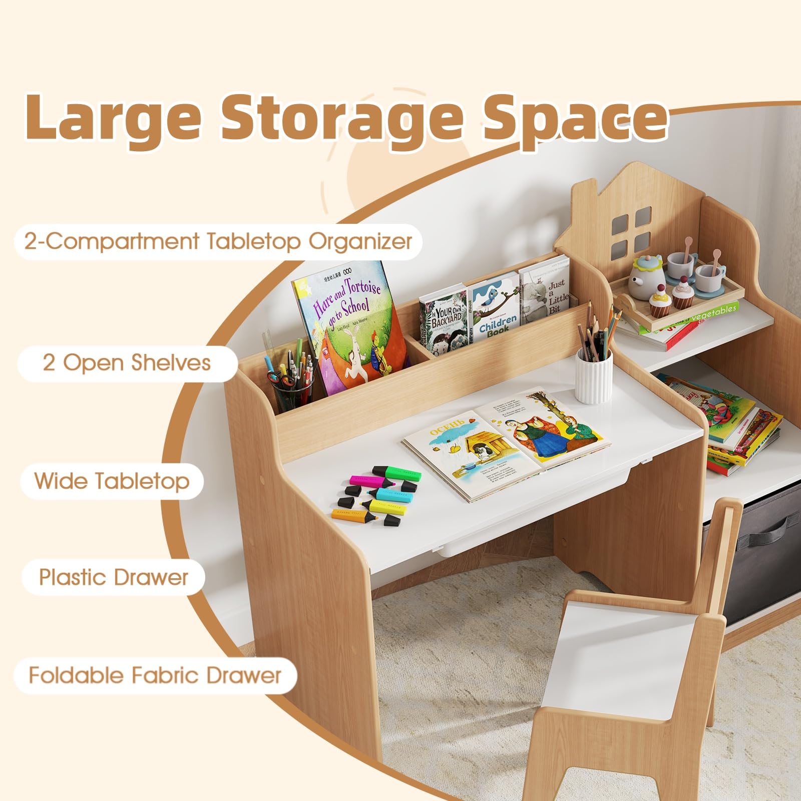LIFEZEAL Kinderschreibtisch mit Stuhl Set, Kinderlerntisch mit Bücherregal & Schublade, Schreibtisch-Set für Schüler, Tisch und Stühle für Kinderzimmer (Natur)