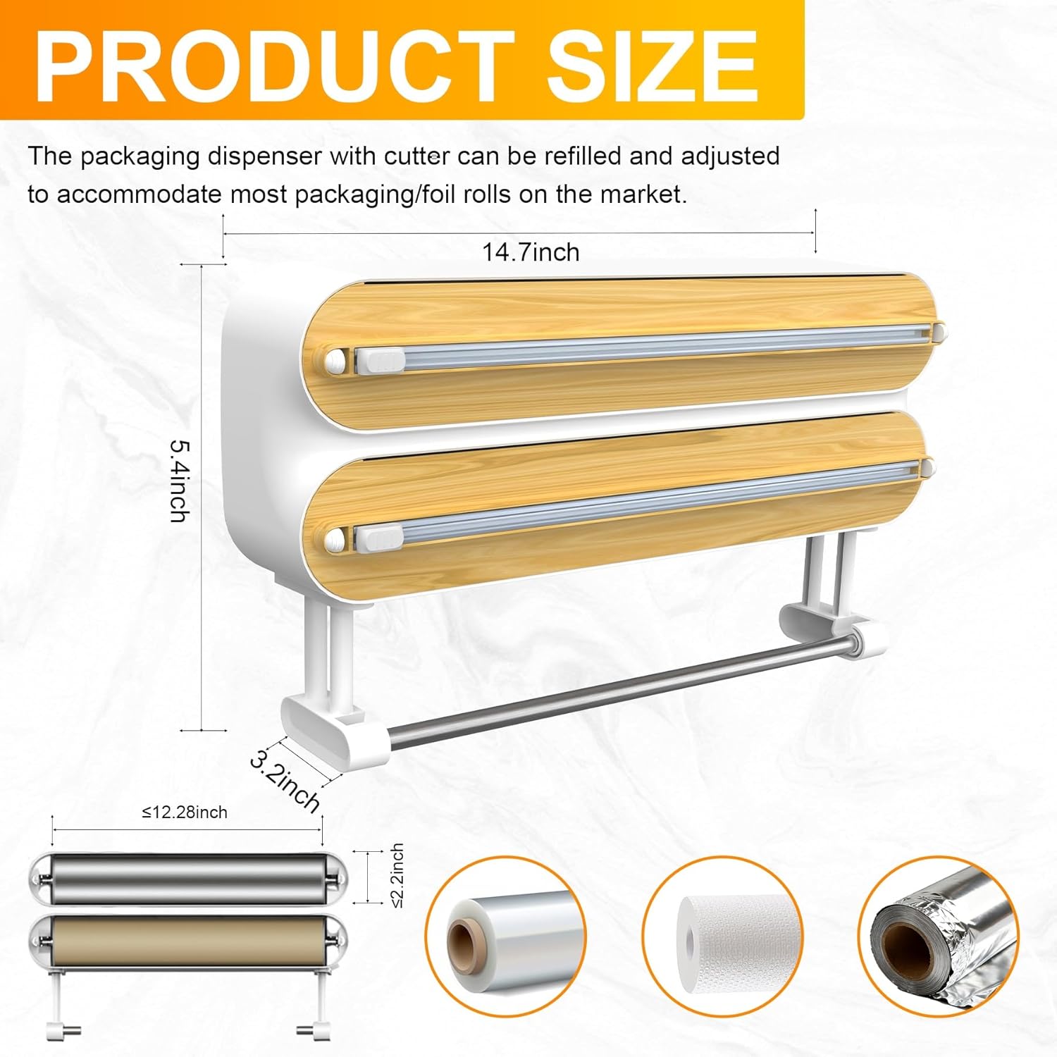 Kitchen Wrap Dispenser with Cutters Organize Aluminum Foil Plastic Wrap Wax Paper Wooden Design Storage Organizer with Easy Tear System for Countertop Pantry and Kitchen Cabinet (3in1)