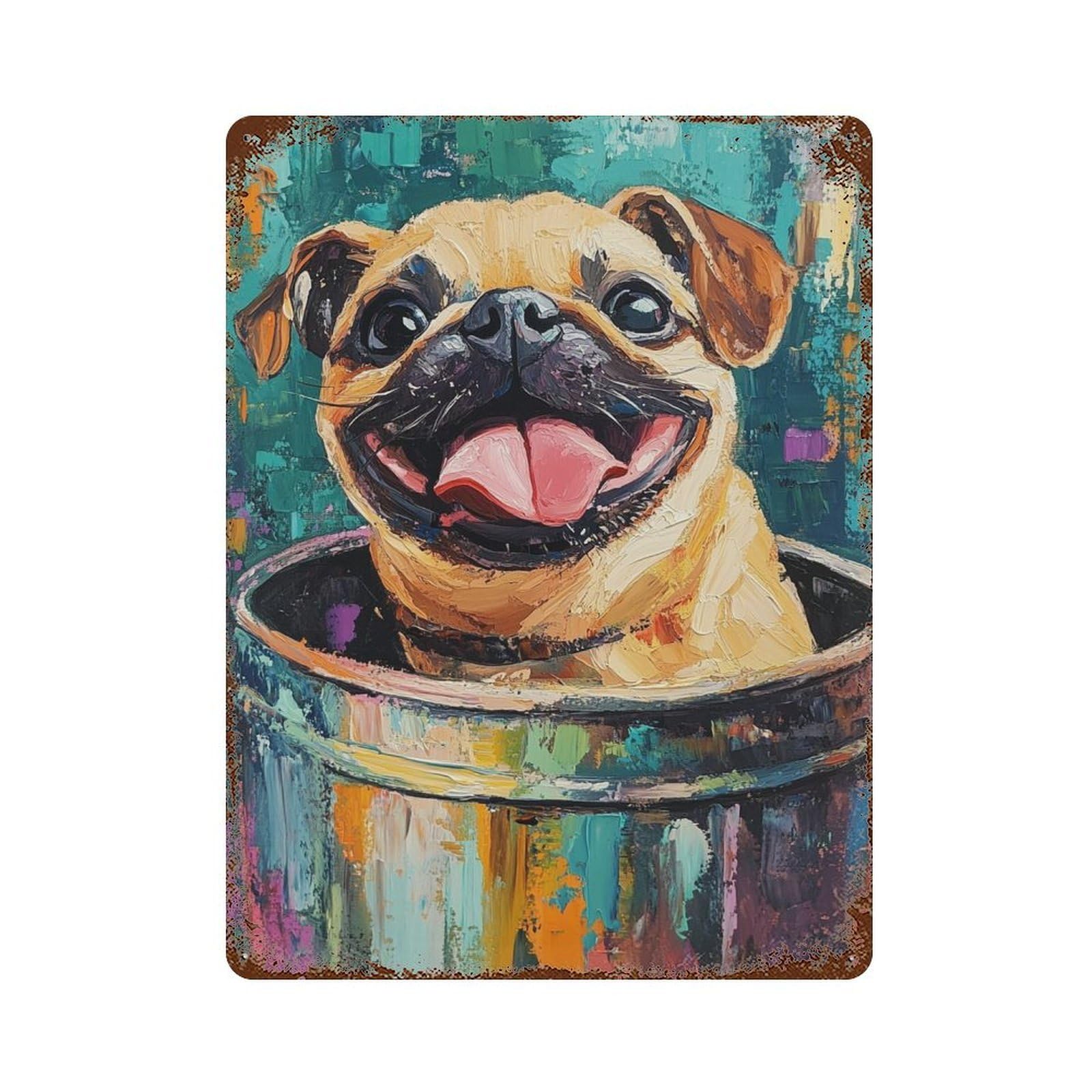 Happy Pug in Bucket Painting Decorative Tin Sign 15.7"x11.8", for Bistro, Counter And Cafe Decor, Novelty Wall Decor