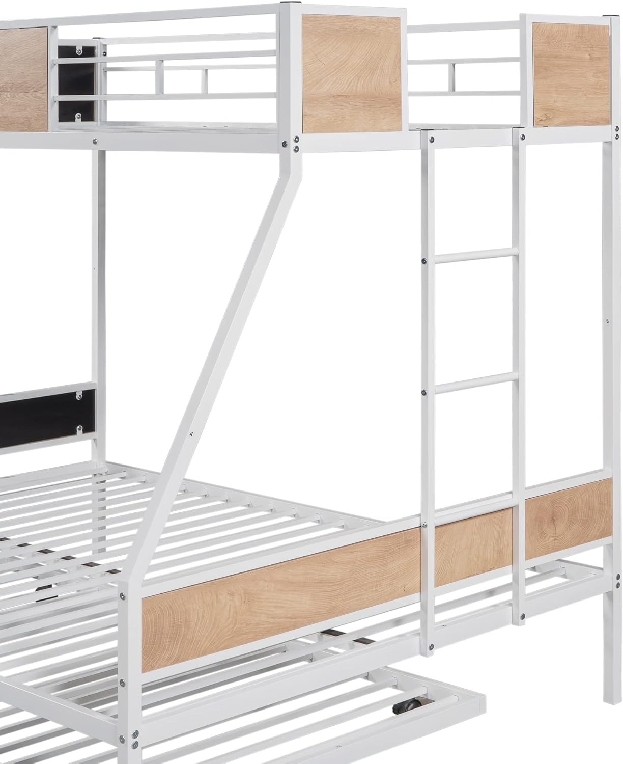 Olela Twin Over Full Metal Bunk Beds with Trundle Bed,Heavy Duty Metal Bed Frame with Safety Rail 2 Side Ladders for Boys Girls Adults,No Box Spring Needed (White Frame)