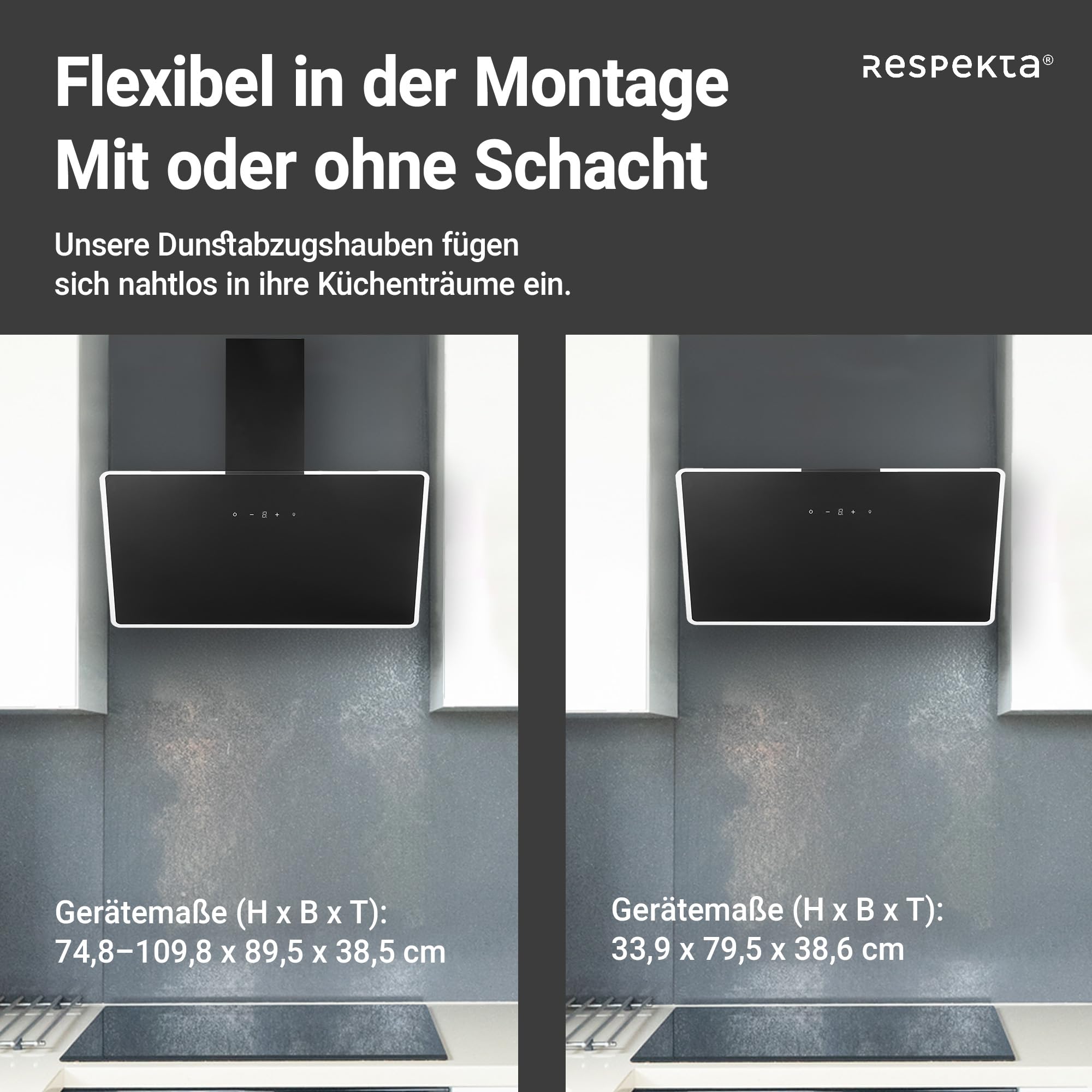 respekta Kopffreie Dunstabzugshaube/Schräghaube 90 cm/Metallgehäuse mit Glasschirm in Schwarz/Abluft - und Umluftfunktion / CH112090S / A++ / 39-61 dB – Bild 5