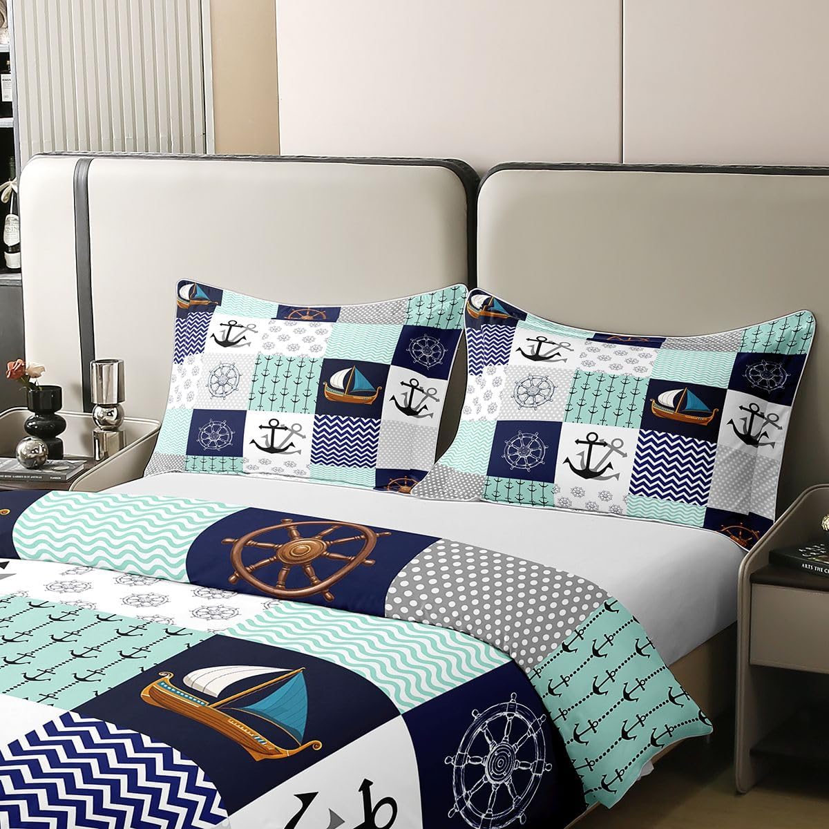 Feelyou Anchor Decor Bedding Set Queen Size Kids Ocean Nautical Voyage Comforter Cover Set for Boys Girls Sailboat Printed 100% Cotton Duvet Cover Marine Themed Bedspread Cover Room Decor Quilt Cover