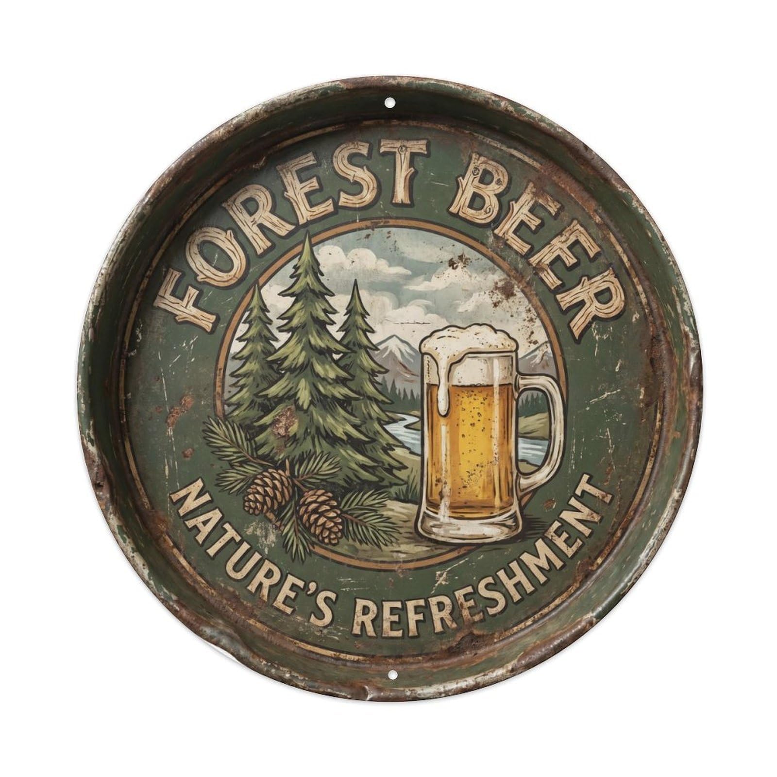 Retro Bar Style Forest Rustic Garage Beer Metal Tin Sign Plaque Wall Decor for Cafe, Club, Garden Round Metal Poster 8x8Inch