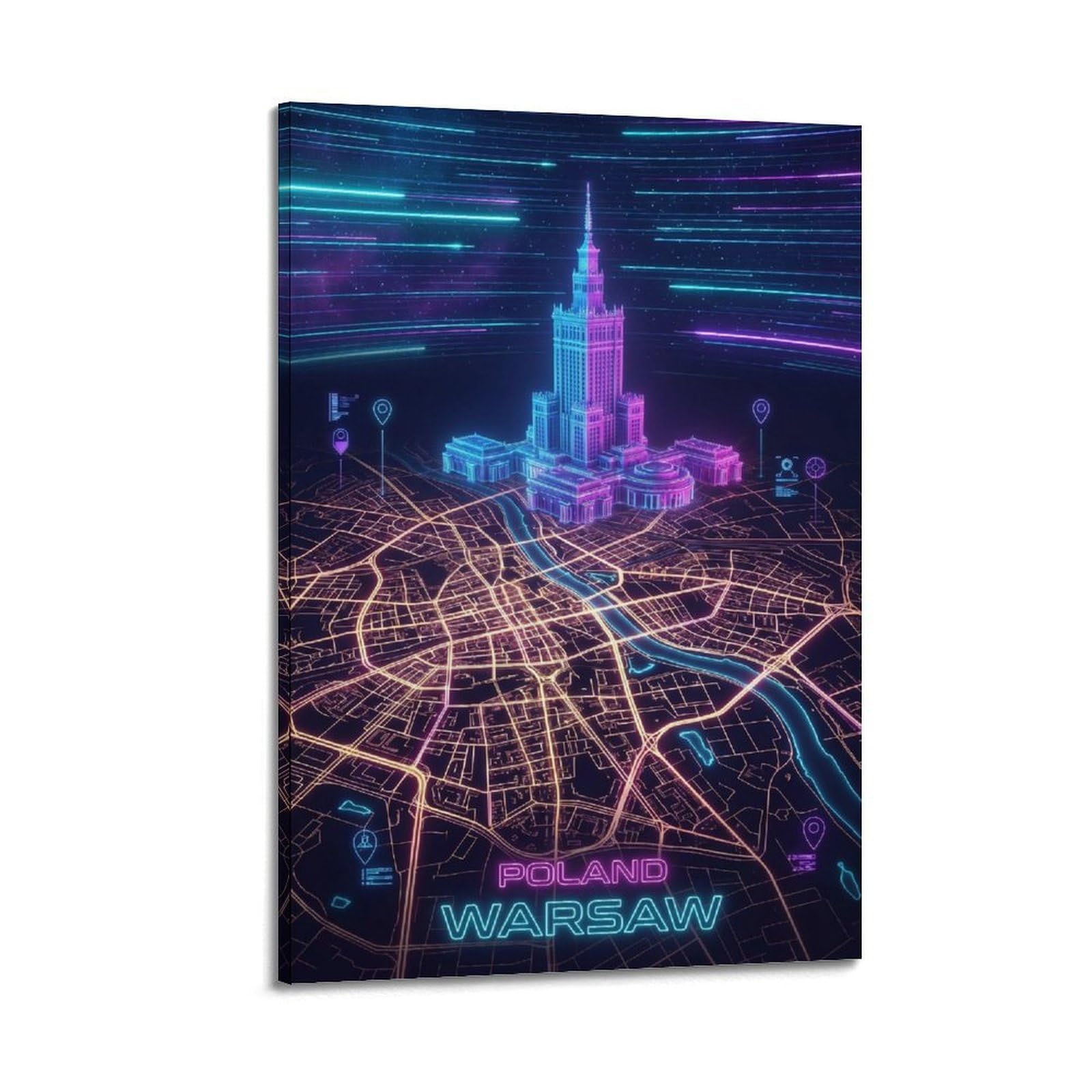 XKUGA Poland Culture Palace Neon City Synthwave Map Poster Modern Decorative Canvas Prints - Ideal Wall Art for Family, Man Cave, Game Room, Boys & Girls Bedroom 20x30inch(50x75cm)