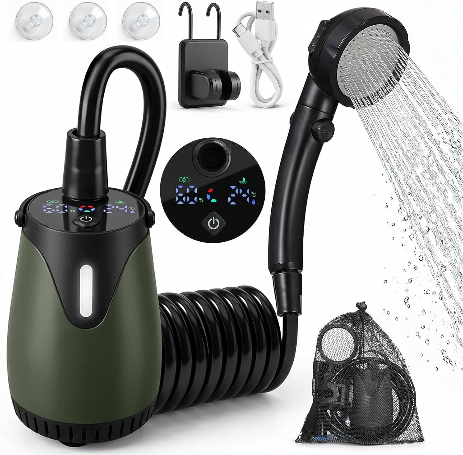 Portable Camping Shower 8000mAh Rechargeable Outdoor Shower with LED Display, IPX8 Waterproof, 4 Spray Modes, 5-Level Water Pressure & Colorful Ambient Light for Camping, Hiking, Beach, Pet Bathing