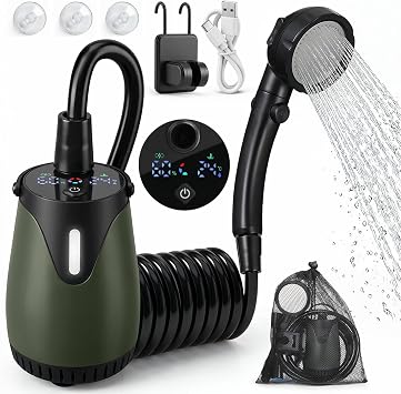 Portable Camping Shower 8000mAh Rechargeable Outdoor Shower with LED Display, IPX8 Waterproof, 4 Spray Modes, 5-Level Water Pressure & Colorful Ambient Light for Camping, Hiking, Beach, Pet Bathing