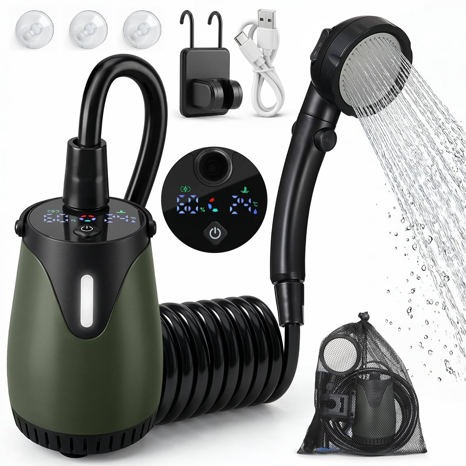Douche de camping portable 8000 mAh rechargeable avec écran LED, étanchéité IPX8, 4 modes de pulvérisation, 5 niveaux de pression d'eau et lumière ambiante colorée pour camping, randonnée, plage, bain