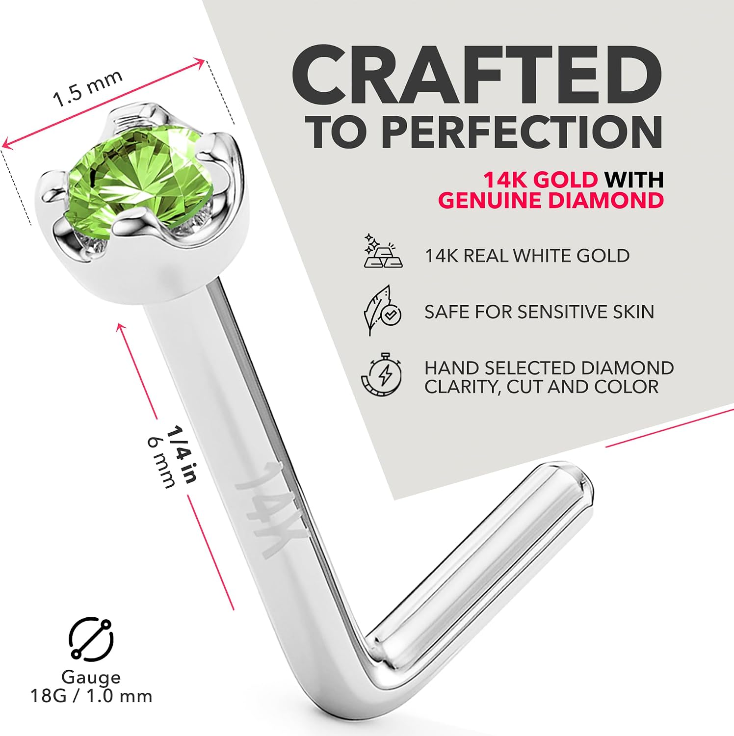 Body Candy 14k White Gold Green Diamond Nose Ring – 20 Gauge 18 Gauge Nose Stud with 1.5mm (0.015 cttw) Genuine Green Diamond – 6mm Post – Handmade Hypoallergenic Piercing Jewelry