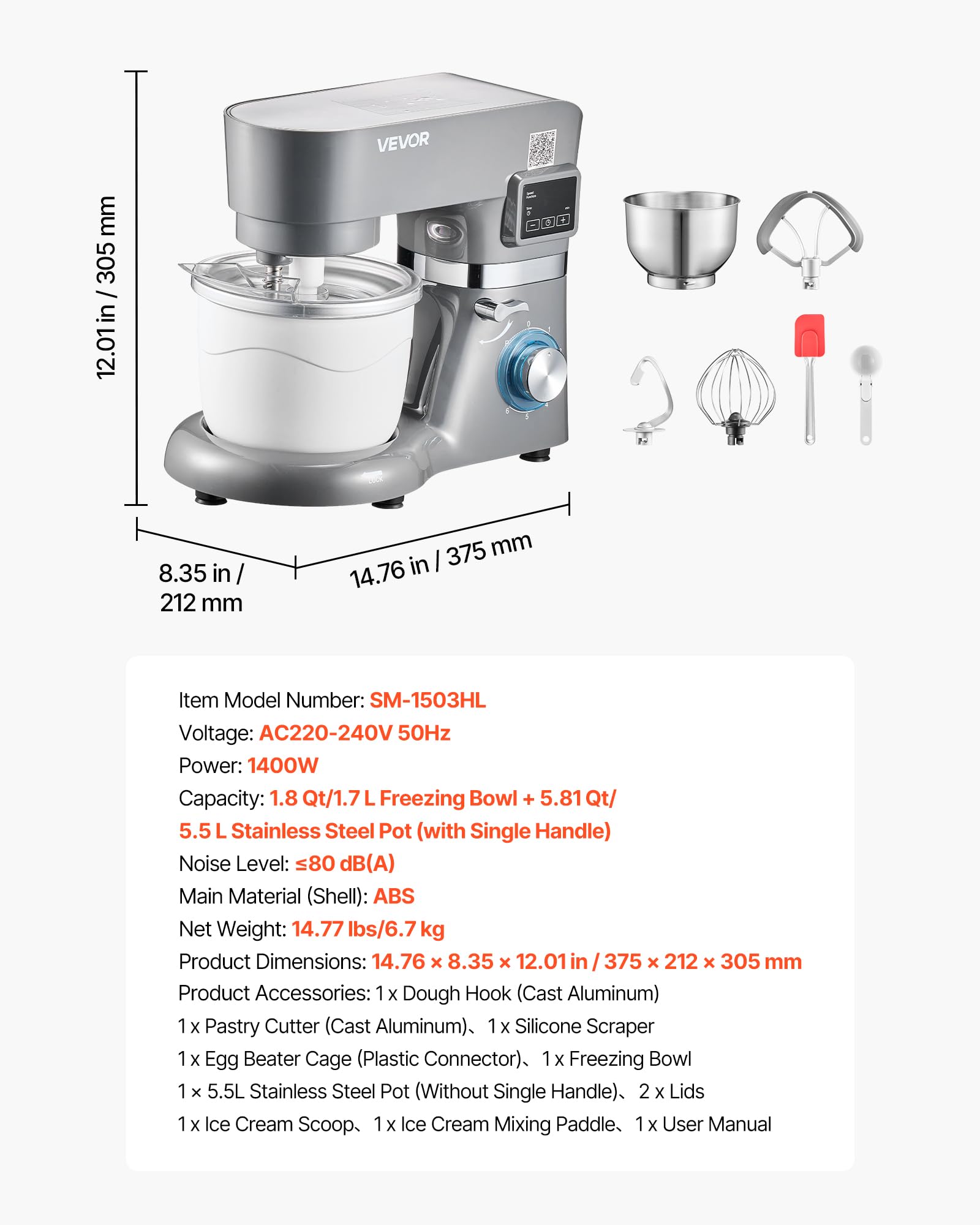 VEVOR Gelatiera 1,7L, Planetaria a 6 Velocità con Display Digitale a LED, Timer, Paletta, Gancio per Impastare e Paraspruzzi, per Yogurt Gelato Fai da Te, Gelato alla Frutta, Sorbetto, Grigio 1400W