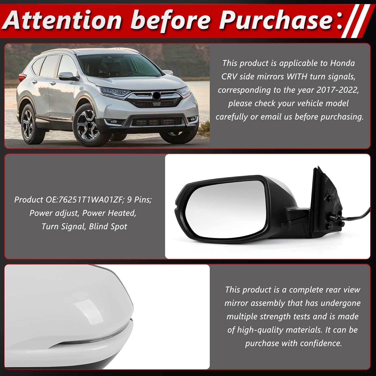 Left Driver Side Door Mirror Assembly Replace for 2017-2022 Honda CRV, with Power Glass Adjustment, Heated Mirror Glass, Turn Signal, Blind Spot Detection, 9 Pins, OE Part: 76251T1WA01ZF