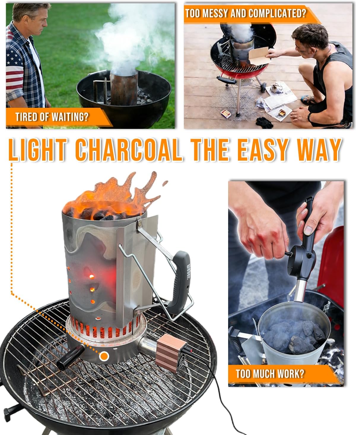 Charcoal Chimney Booster-Charcoal Starter Base & Coal Burner Blower, 10-Minute Rapid Ignition, Outdoor BBQ Accessories for Kingsford, Weber and Other Grill Chimney Charcoal Starter-Ideal Grilling Gift