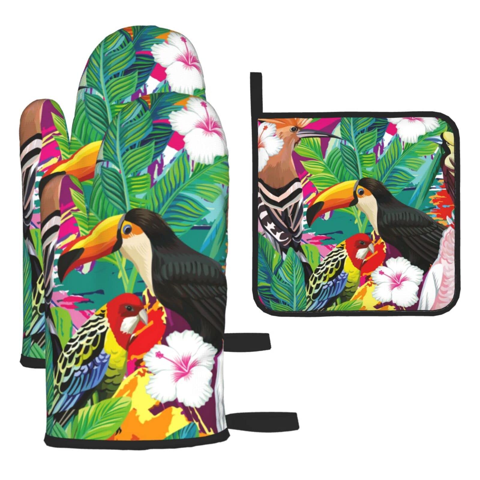 Tropical Birds and Plant Leaf Printed Kitchen Baking Three-Piece Heat-Resistant Thick Cotton Oven Gloves for Cooking and Baking.