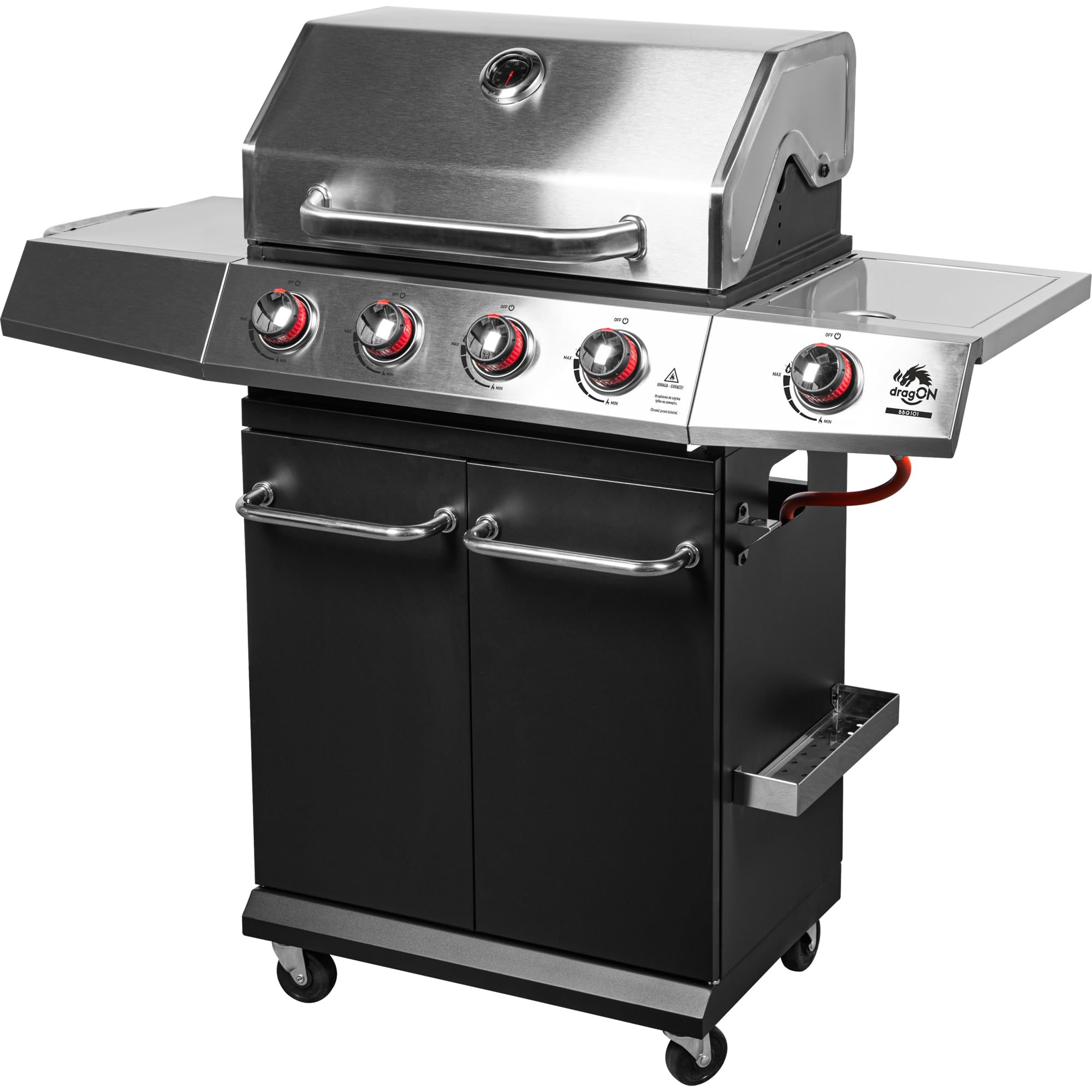BROWIN® dragON BBQ101 | Grill Gazowy | BBQ | Wielofunkcyjny | Stal nierdzewna | Grill na 4 kółkach | 4 Palniki Główne | Palnik Boczny | 60 x 36,5 cm | 11,7 kW | Czarno-Srebrny